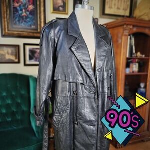 Black Leather Trench Coat Vintage 90s Wilsons Mens Double Breasted Goth Small